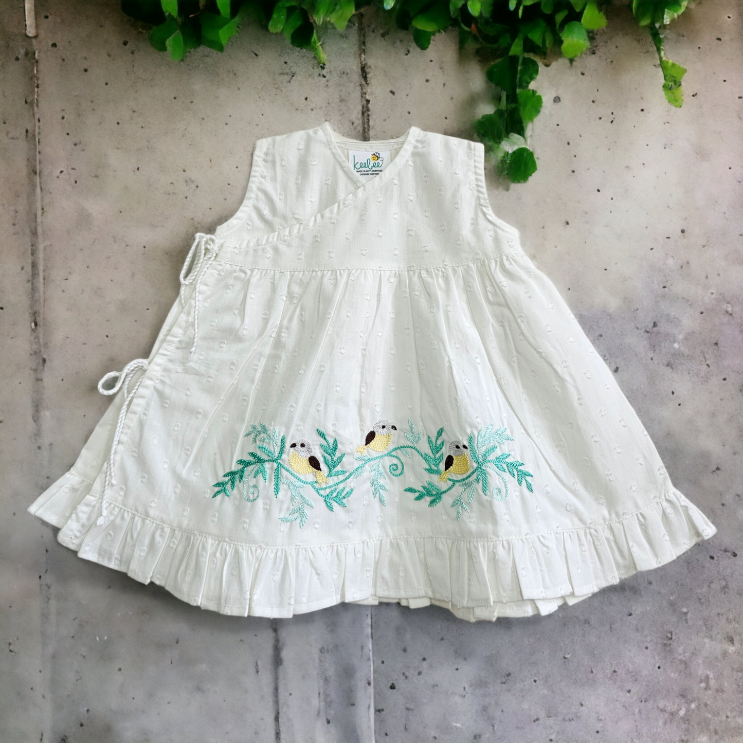 Keebee Organic Cotton Embroidered Girls White Jabla / Dress - Birdsong
