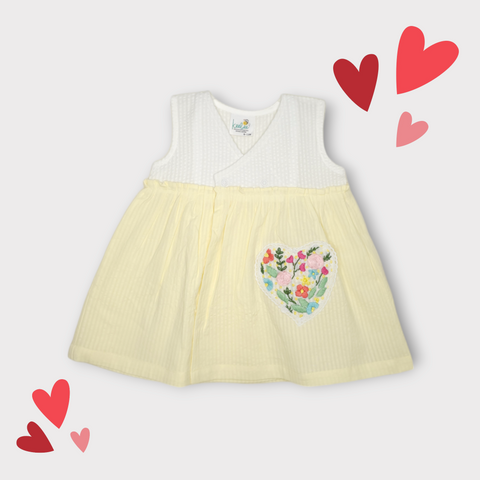 Organic Cotton Embroidered Girls Overlap Dress - White & Yellow Heart