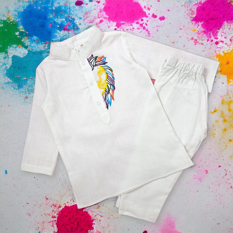 Keebee Organic Cotton Lion Embroidered White Kurta paired with Pajama Pants