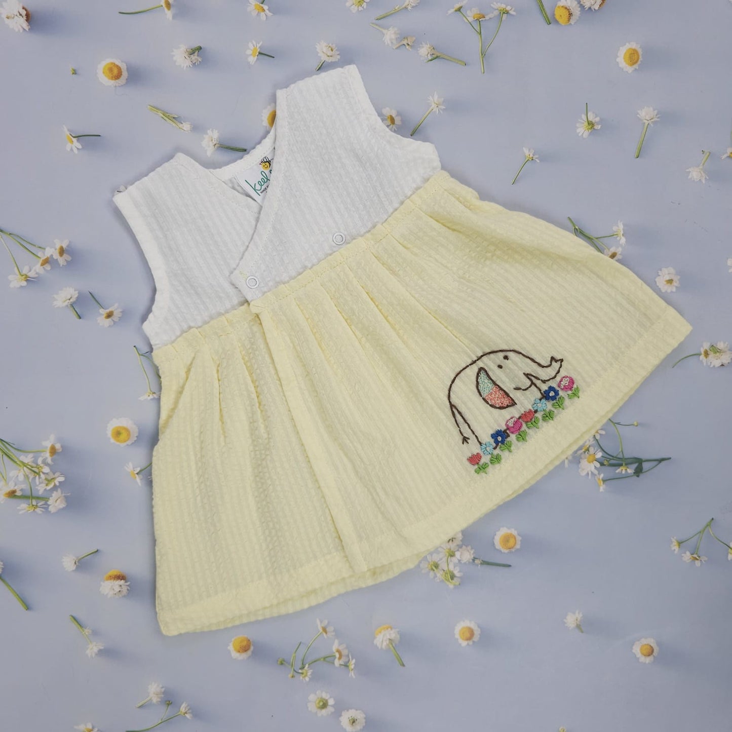 Keebee Organic Cotton Embroidered Girls White and Yellow Overlap Dress - Elephant