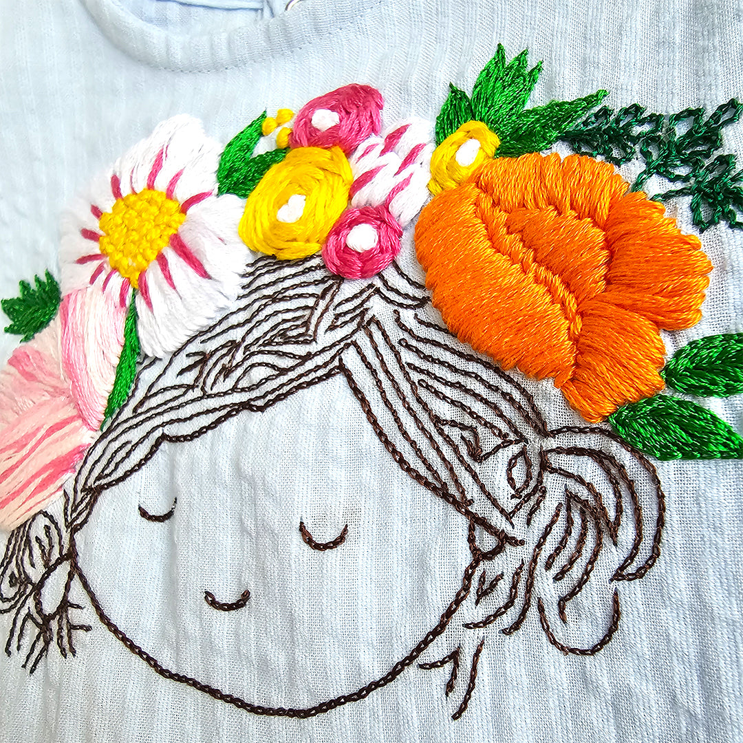 Keebee Organic Cotton Hand Embroidered Blue Baby Girl Dress - Blossom