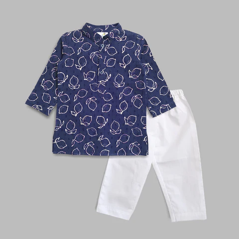 Organic Cotton Embroidered Kurta paired with Pajama Pants - Lemons