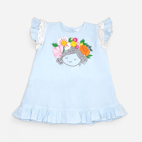 Organic Cotton Hand Embroidered Blue Baby Girl Dress - Blossom