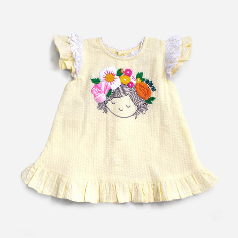 Organic Cotton Hand Embroidered Yellow Baby Girl Dress - Blossom