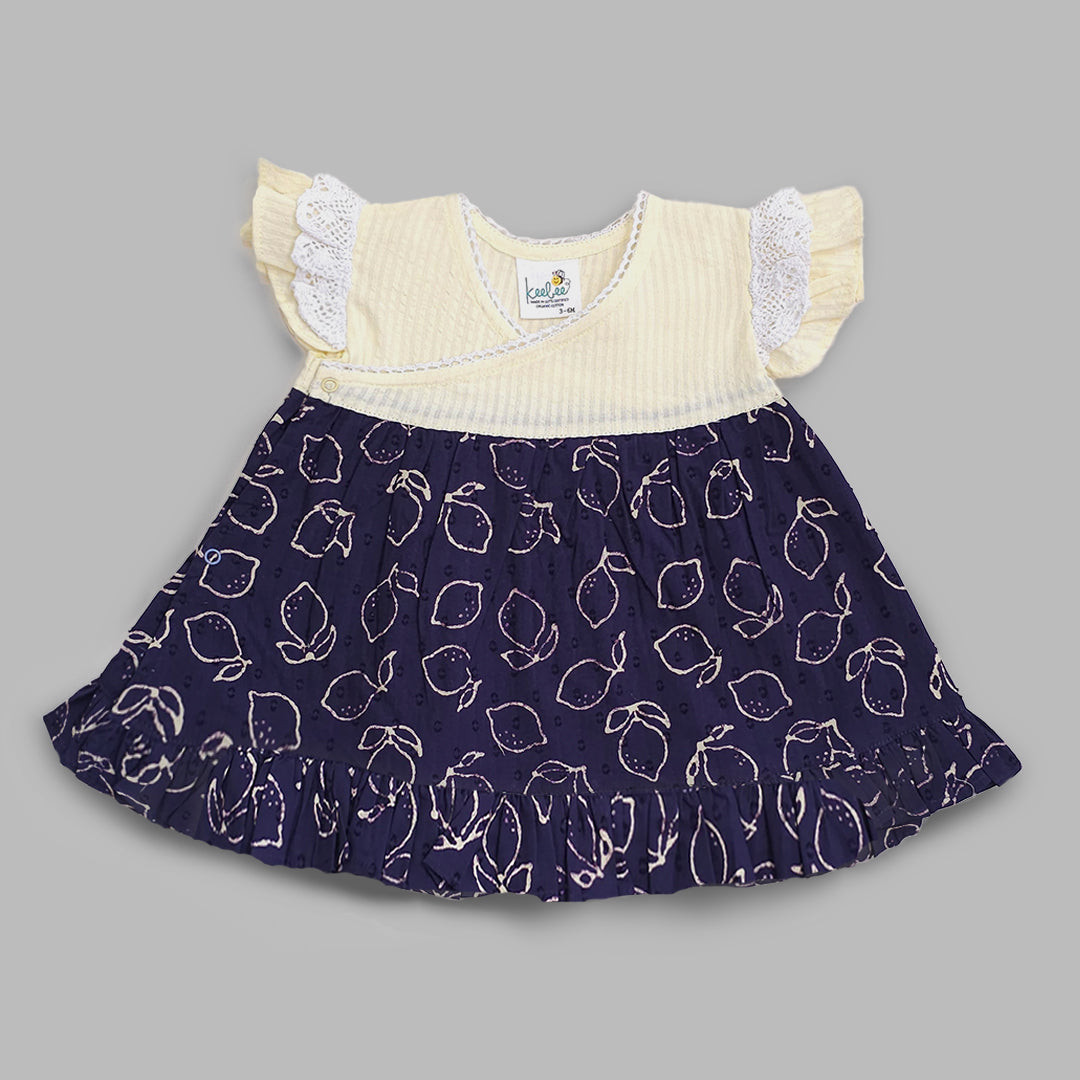 Organic Cotton Embroidered Girls Yellow & Blue Jabla/Wrap Dress - Lemons