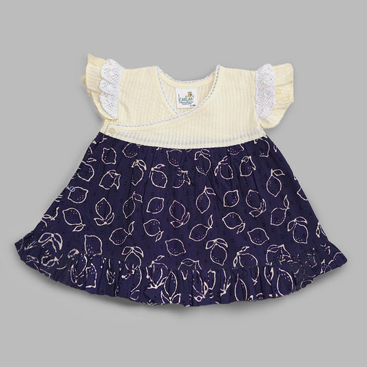 Organic Cotton Embroidered Girls Yellow & Blue Jabla/Wrap Dress - Lemons