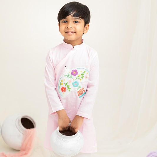 Keebee Organic Cotton Embroidered Light Pink Kurta paired with Pajama Pants - Blooming Dove
