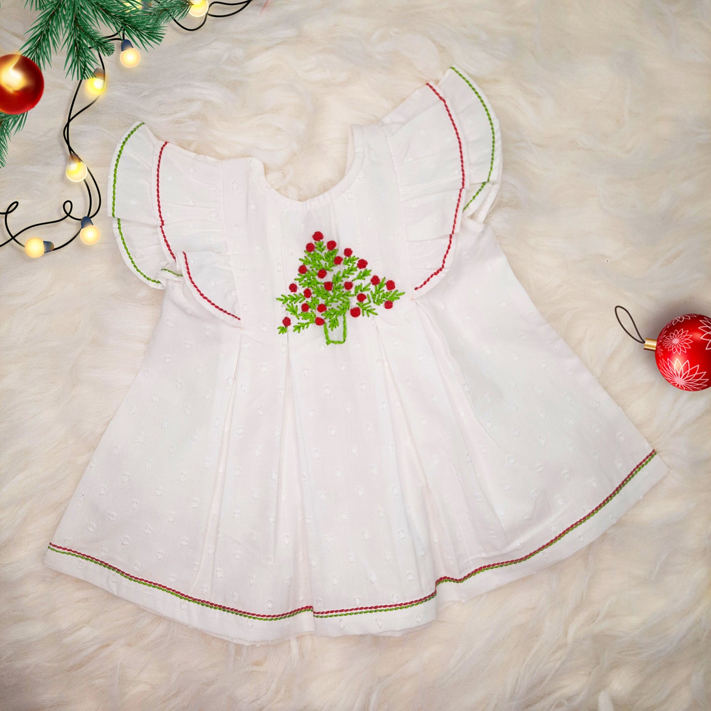 Organic Cotton Embroidered Girls Dress - Xmas Tree