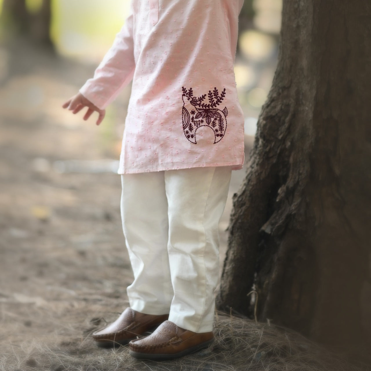 Keebee Organic Cotton Embroidered Peach Kurta paired with Pajama Pants - Reindeer
