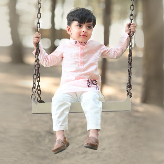 Keebee Organic Cotton Embroidered Peach Kurta paired with Pajama Pants - Reindeer