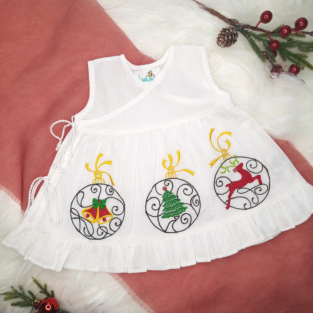 Keebee Organic Cotton Embroidered Girls White Jabla / Wrap Dress - Xmas Decorations