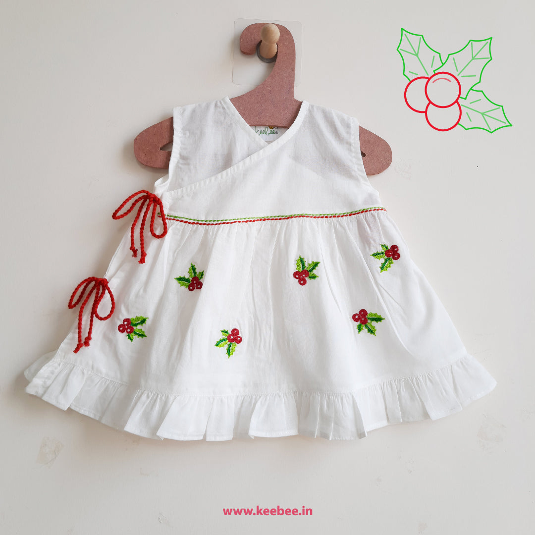 Keebee Organic Cotton Embroidered Girls White Jabla / Wrap Dress - Merry Holly