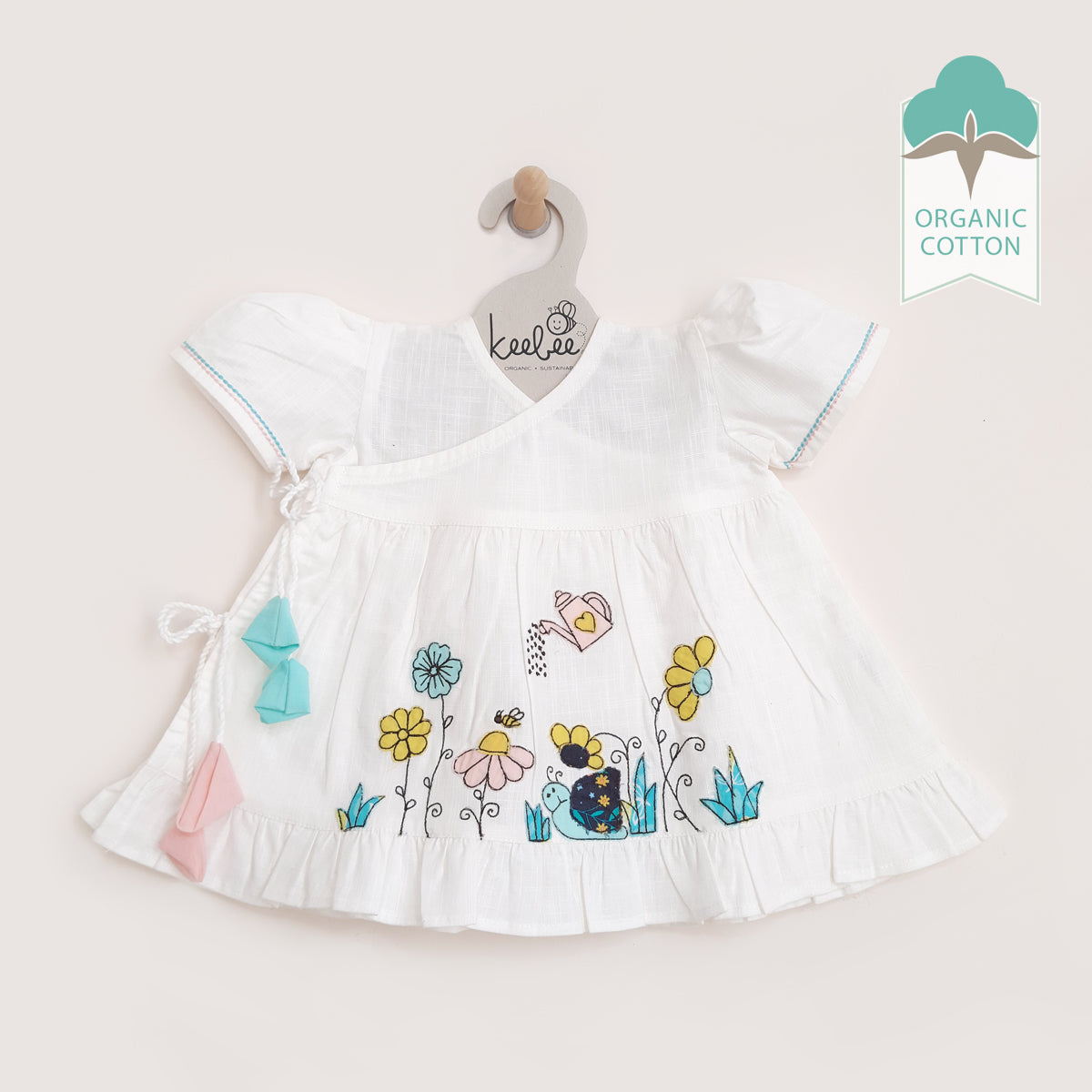 Keebee Organic Cotton Slub Embroidered Girls Jabla / Wrap Dress - Snail Garden