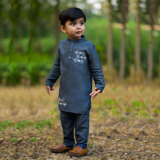 Keebee Organic Cotton Tencel Embroidered Kurta paired with Pajama Pants - Fishes