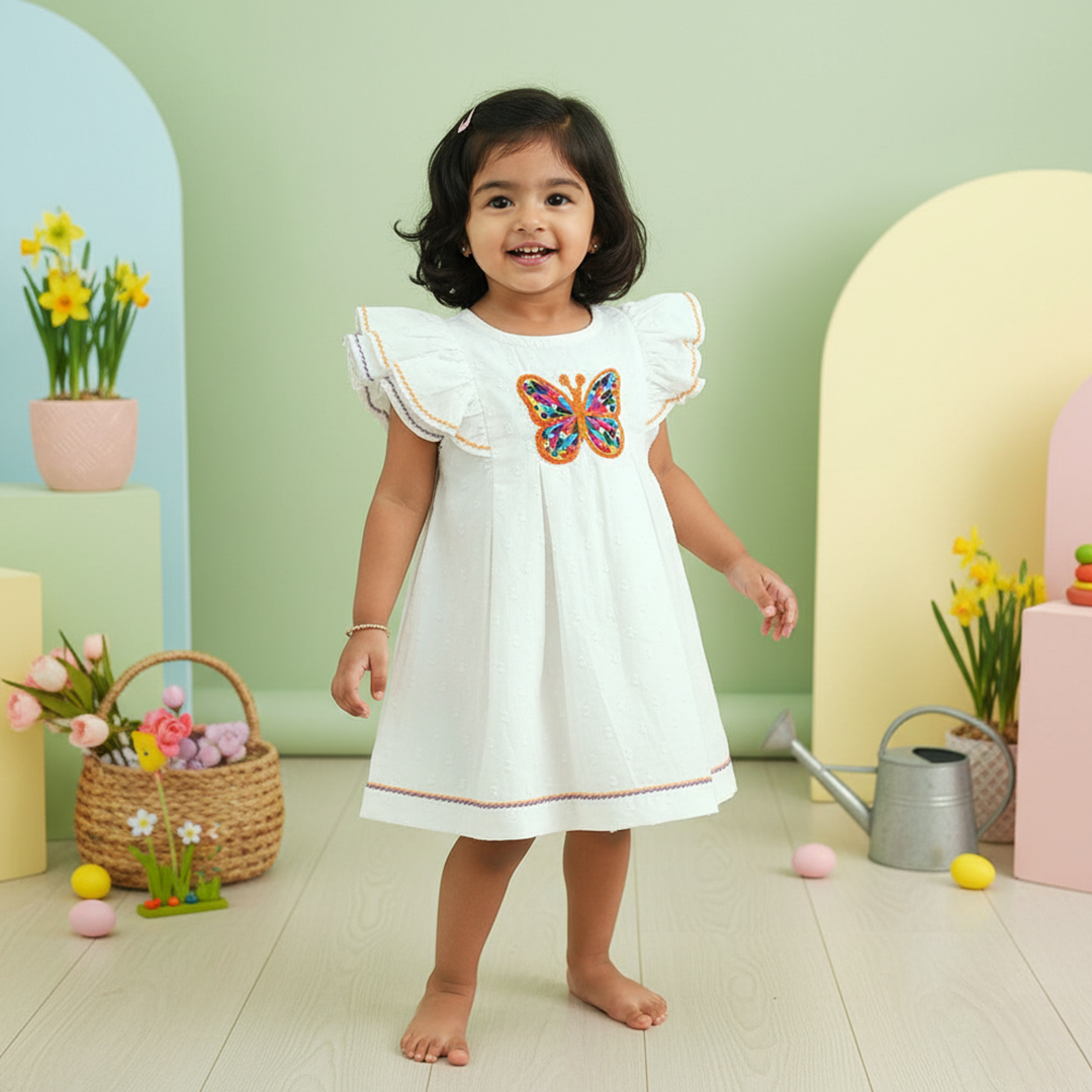 Keebee Organic Cotton Embroidered White Baby Girl Iris Dress - Butterfly