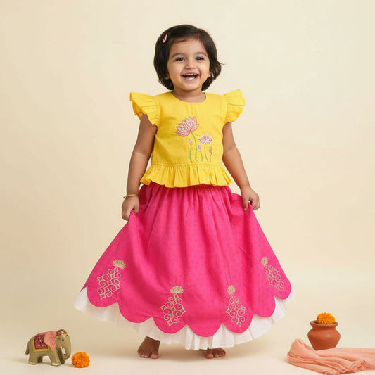 Keebee Organic Cotton Embroidered Embroidered Yellow and Hot Pink Lehenga Set - Lotus