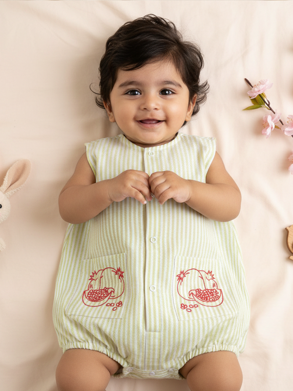 Baby Boy Embroidered Green and White Romper with Pockets - Pomegranates
