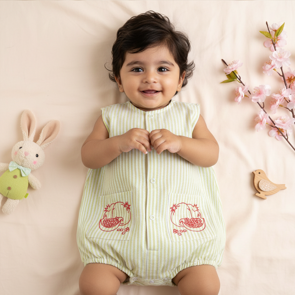 Baby Boy Embroidered Green and White Romper with Pockets - Pomegranates