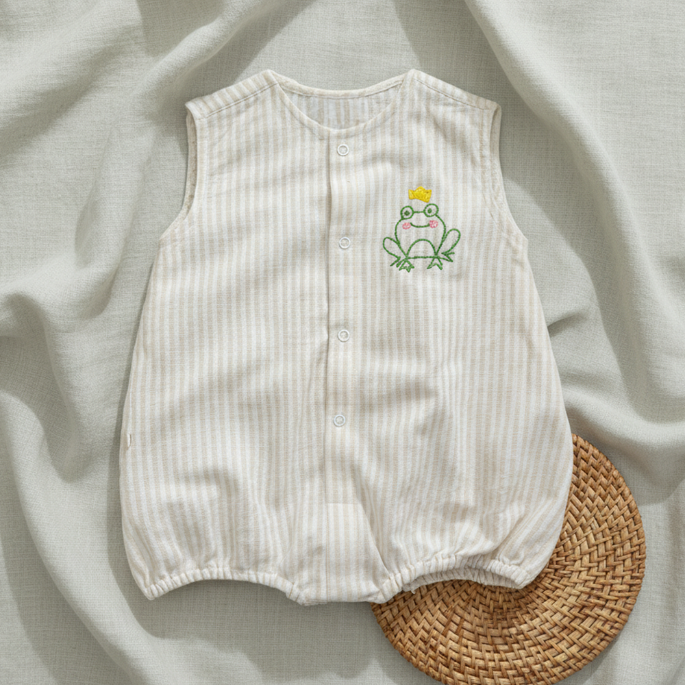 Baby Boy Embroidered Beige and White Romper - Frog the Prince