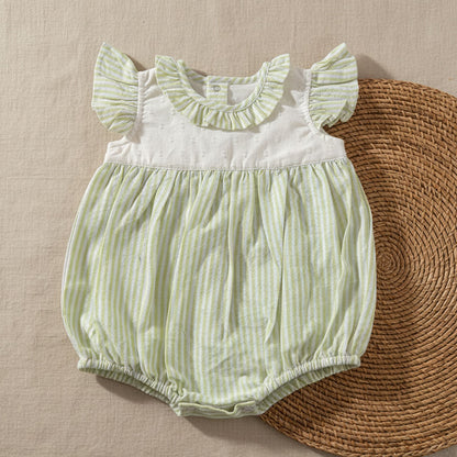 Striped Romper with Flutter Sleeves - Green and White