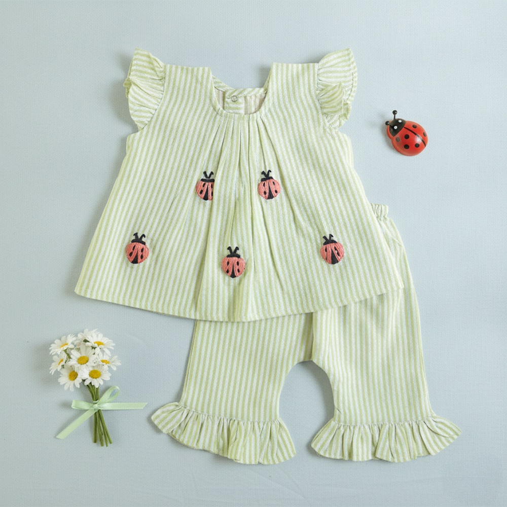 Girls Embroidered Green and White Coord Set - Lady Bugs