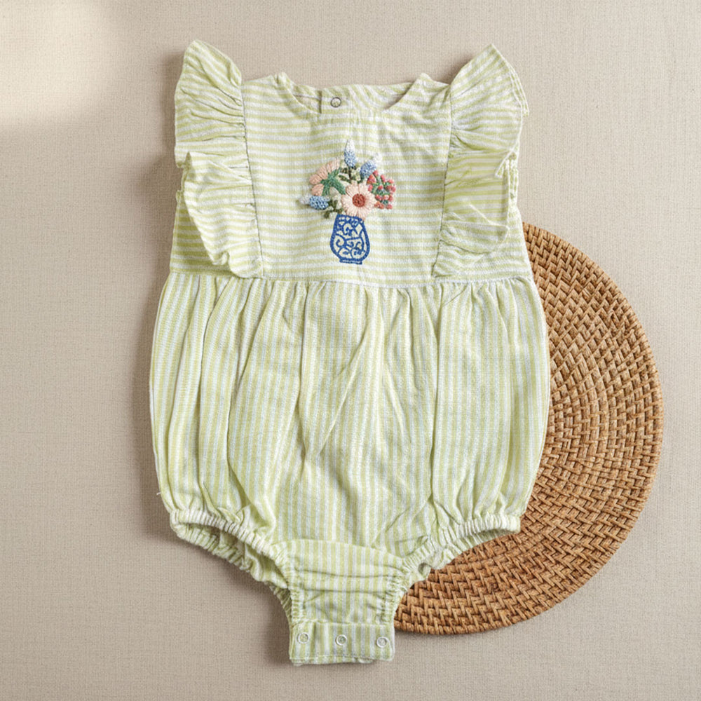 Baby Girl Embroidered Green and White Romper with Ruffles - Flower Vase