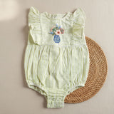 Baby Girl Embroidered Green and White Romper with Ruffles - Flower Vase