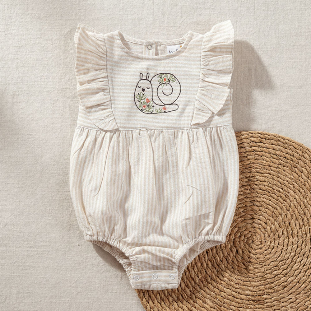 Baby Girl Embroidered Beige and White Romper with Ruffles - Garden Snail