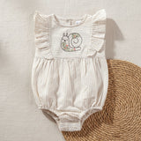Baby Girl Embroidered Beige and White Romper with Ruffles - Garden Snail