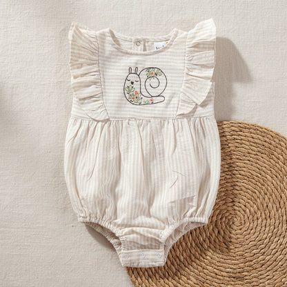 Beige and White Striped Embroidered Romper with Ruffles - Garden Snail