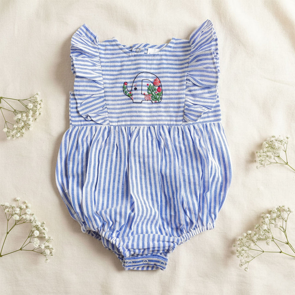 Baby Girl Embroidered Blue and White Romper with Ruffles - Elephant in the Bloom