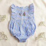 Baby Girl Embroidered Blue and White Romper with Ruffles - Elephant in the Bloom