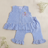 Girls Embroidered Blue and White Coord Set - Hibiscus