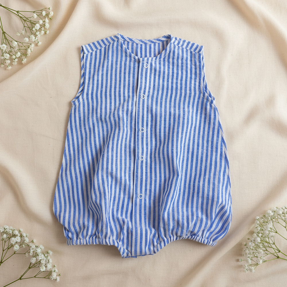 Unisex Baby Blue and White Striped Romper