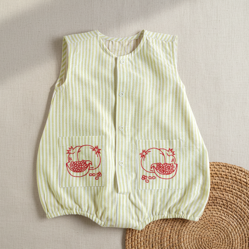 Baby Boy Embroidered Green and White Romper with Pockets - Pomegranates