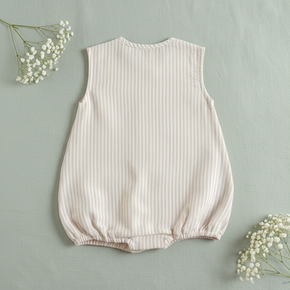 Beige and White Striped Embroidered Romper - Frog the Prince