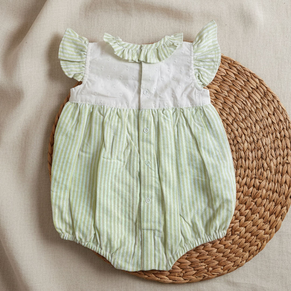 Baby Girl Green and White Romper with Flutter Sleeves