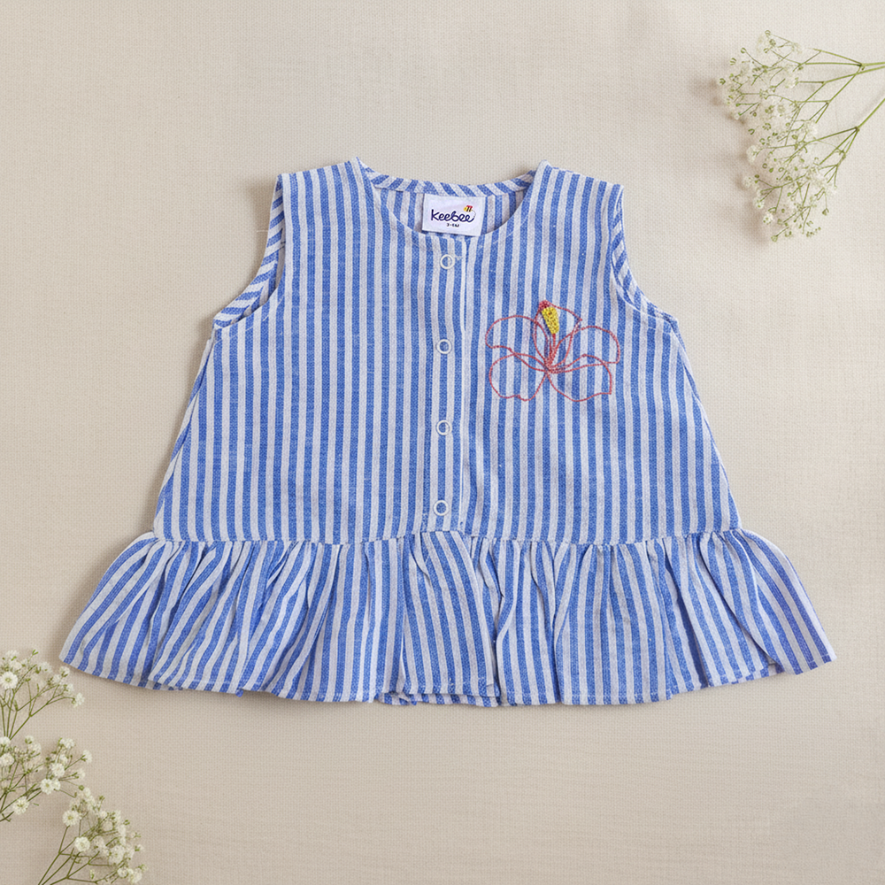 Girls Embroidered Blue and White Coord Set - Hibiscus