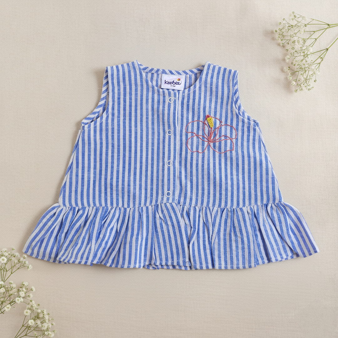 Blue and White Stirped Embroidered Coord Set - Hibiscus