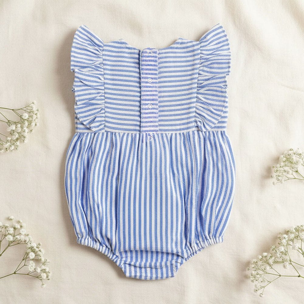 Baby Girl Embroidered Blue and White Romper with Ruffles - Elephant in the Bloom