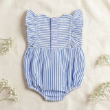 Baby Girl Embroidered Blue and White Romper with Ruffles - Elephant in the Bloom