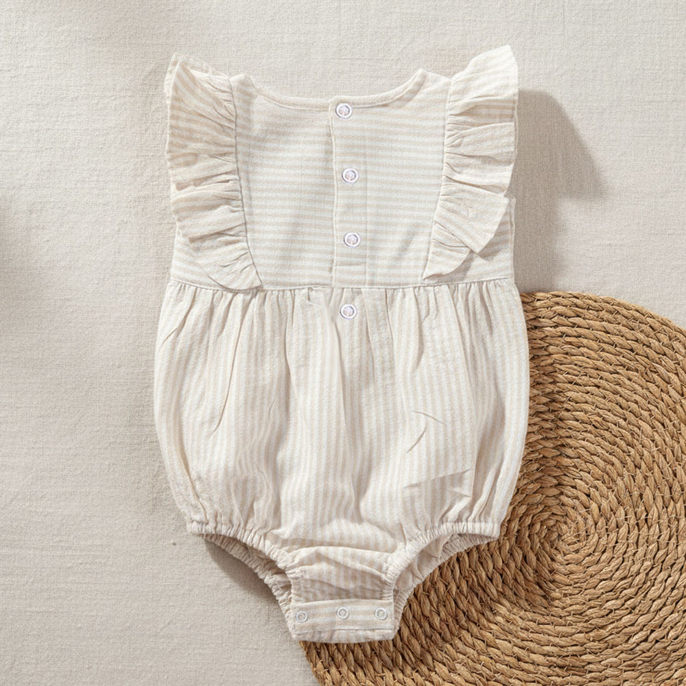 Baby Girl Embroidered Beige and White Romper with Ruffles - Garden Snail