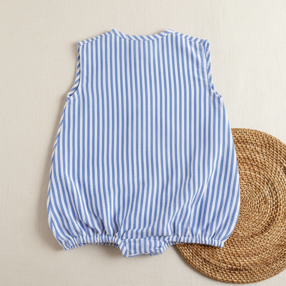 Baby Boy Embroidered Blue and White Romper - Peek-A-Bear