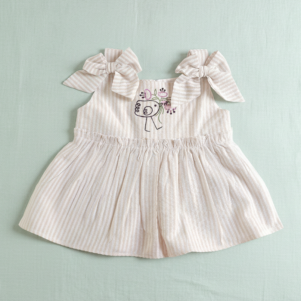 Girls Embroidered Beige and White Coord Set - Birdie with Flowers