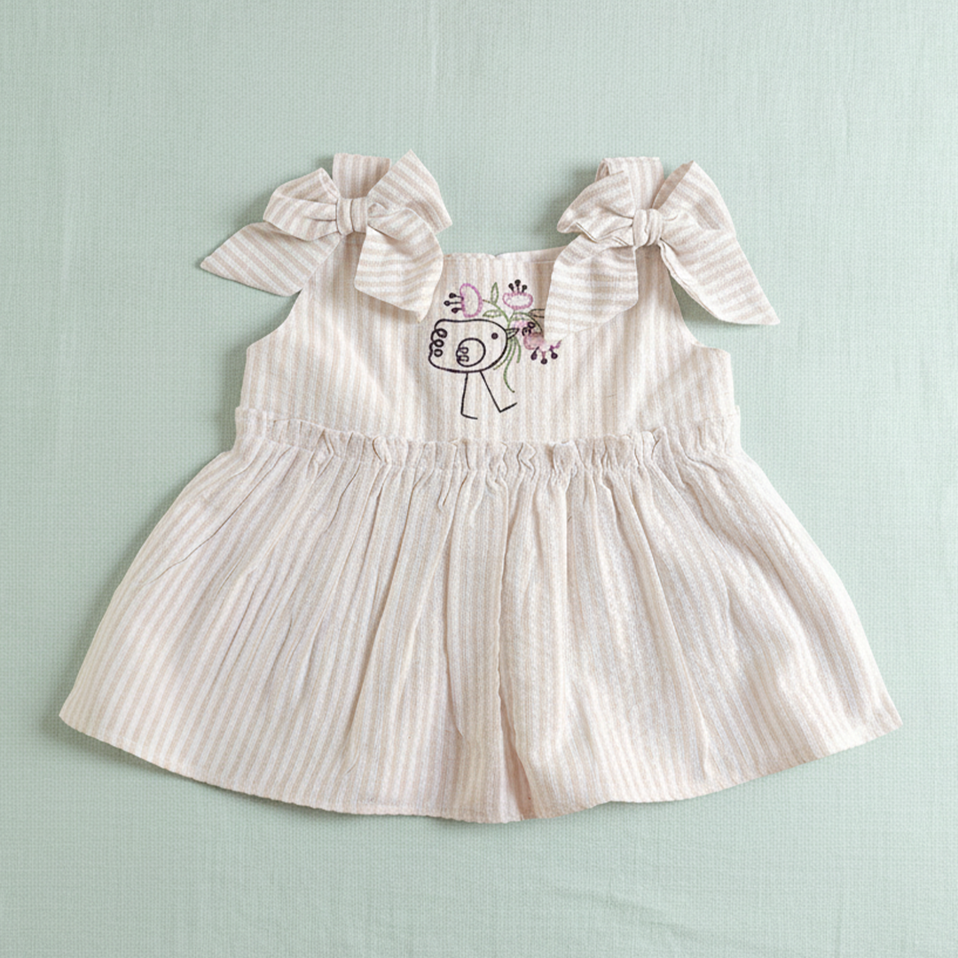 Beige and White Stirped Embroidered Coord Set - Birdie with Flowers
