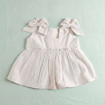 Beige and White Stirped Embroidered Coord Set - Birdie with Flowers
