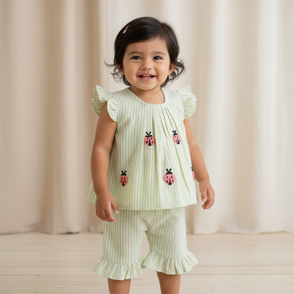 Green and White Stirped Embroidered Coord Set - LadyBugs