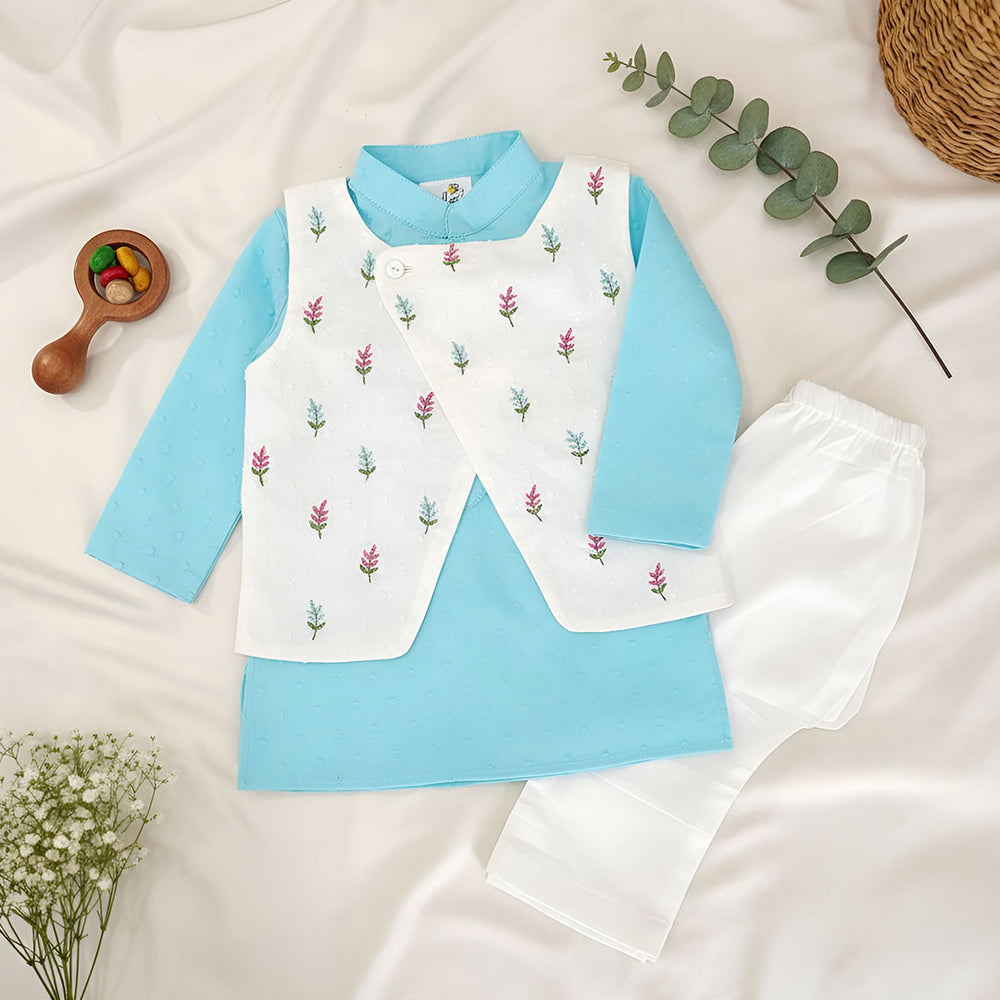 Boys Floral Embroidered Jacket Kurta and White Pajama Pants Set - Turquoise Blue