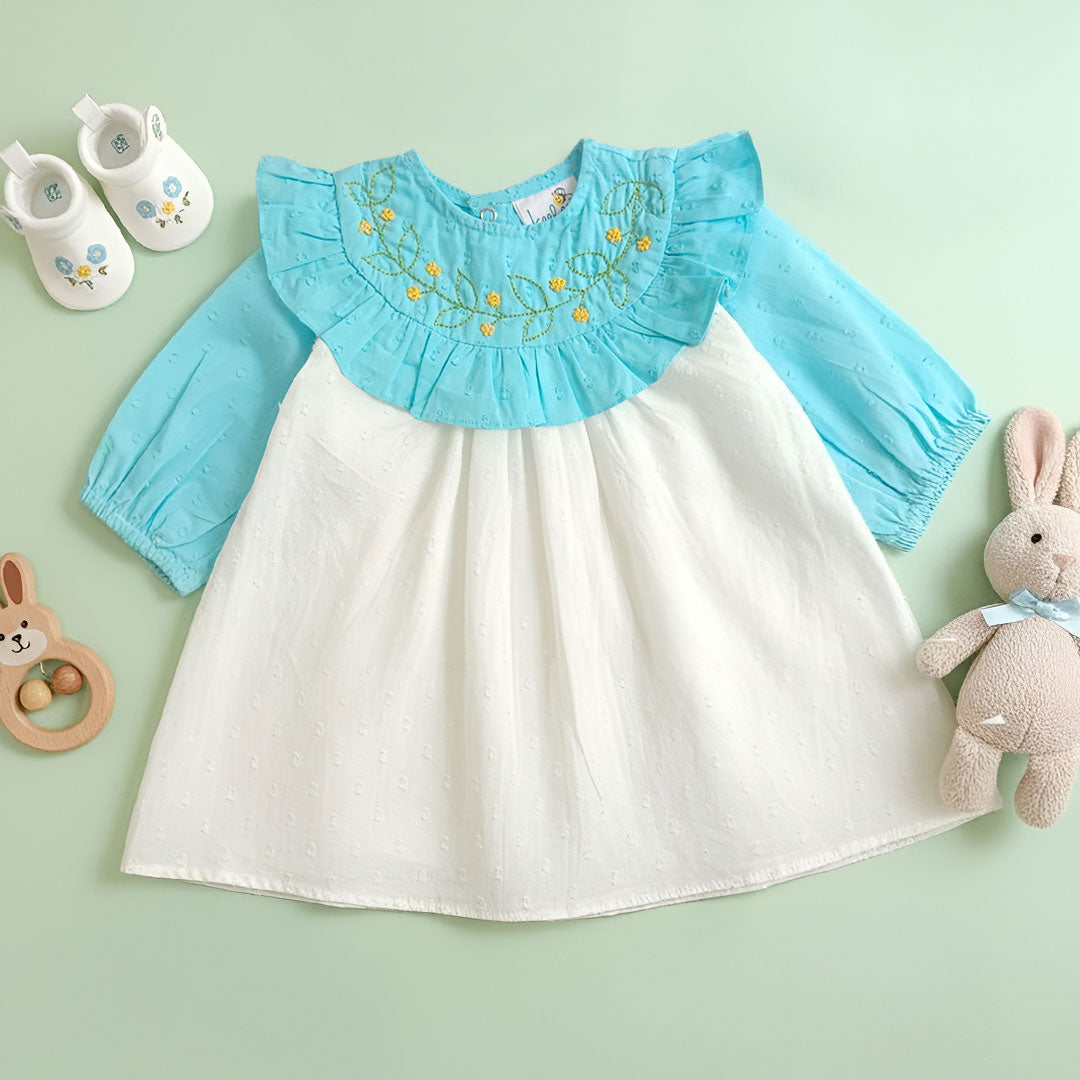 Keebee Organic Cotton Embroidered Girls Blue and White Puffed Sleeve Dress - Garland of Flowers