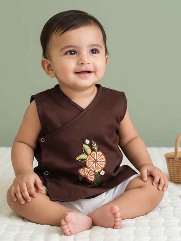 Unisex Baby Embroidered Choco Brown Jabla - Orange Bloom